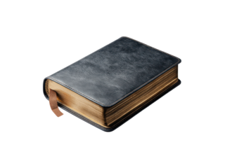 Dark blue leather bound book with gilded pages and ribbon marker bible, Isolated, Png Transparent Background