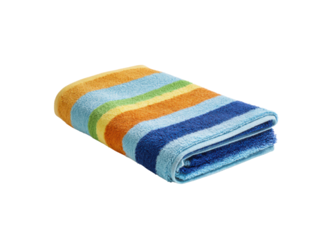Striped beach towel folded with blue orange yellow green stripes image, Isolated, Png Transparent Background