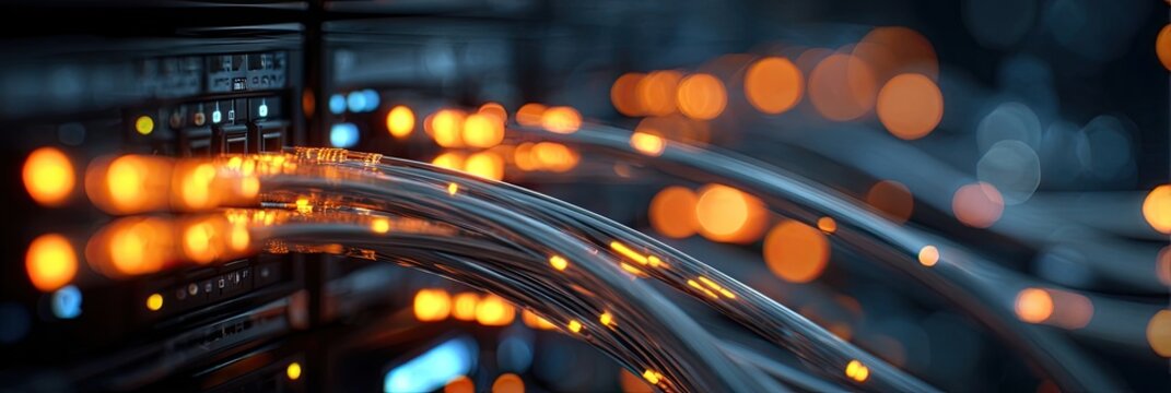 Close-up of network cables connected to a server rack.  Illuminated fiber optic cables weave through a dark server rack.  Bokeh effect highlights the intricate connections
