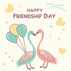 Fototapeta premium A cheerful friendship day greeting card featuring two stylized paper cranes intertwined with a garland of pastel-colored balloons, with the text 