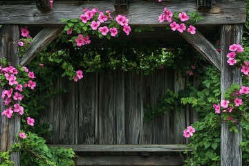 Fototapeta premium Mandevilla vines wrapping tightly around a weathered wooden pergola, bold pink flowers blooming against the rough wood, adding a splash of tropical color to the rustic garden space