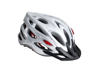 Shiny white cycling helmet with red accents and black visor bicycle protection, Isolated, Png Transparent Background