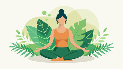 Minimalist Vector Illustration of a Woman Meditating in Lotus Pose with Tropical Leaves