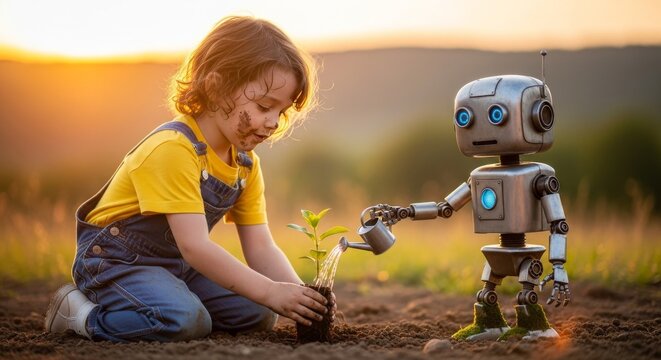 Child planting with watering robot helper
