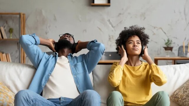 A couple wearing headphones sits on a couch initially looking pained by noise then relaxing as they seemingly enjoy noise cancellation or music