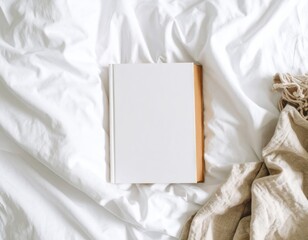 Blank Open Hardcover Book Mockup: Bed Flat Lay. Book Covers, Literary Content & Cozy Relaxation
