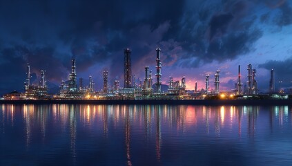 Obraz premium Illuminated Industrial Oil Plant at Night with Reflections on Water and Dramatic Cloudy Sky