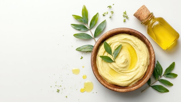 Wooden bowl of hummus with olive oil