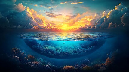 Floating island with transparent lagoon shimmering under sunset sky, surrounded by golden clouds, taken with full-frame 24-105mm lens, soft warm tones highlighting ethereal beauty