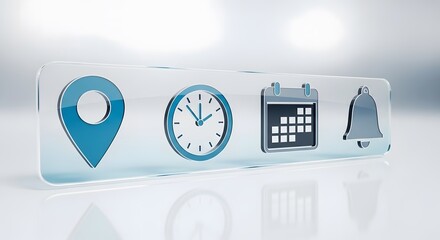 A 3D render of a modern digital interface featuring glass icons for event scheduling, location tracking, time management, and notifications on a reflective surface