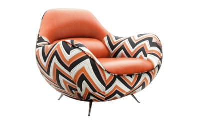 Stylish armchair with a bold zigzag pattern in orange and black, featuring a modern curvy design. isolated on white background and transparent background