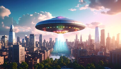 UFO Over Manhattan Skyline at Sunset