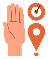 Open human hand raised next to a red location pin and checkmark, expressing approval, location confirmation, and participation. Ideal for navigation, agreement, approval, validation, communication
