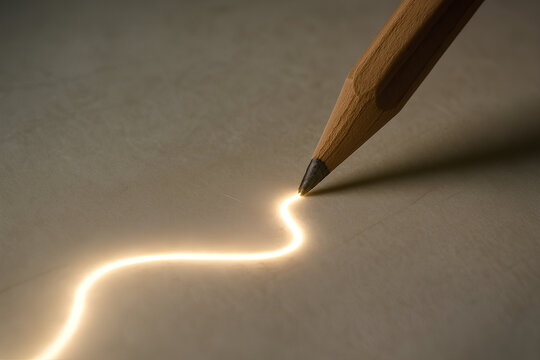 A glowing pencil drawing a luminous path on paper, evoking creativity and inspiration