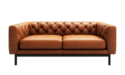 Stylish brown leather sofa with tufted design and sleek metal legs, perfect for modern interiors. isolated on white background and transparent background
