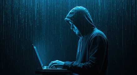 Mysterious hacker working on laptop in dark rainy environment