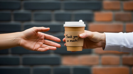 Generous person handing coffee with gratitude to another person, thank you so much
