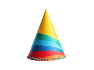 Festive conical party hat with rainbow stripes and sprinkles birthday celebration, Isolated, Png Transparent Background