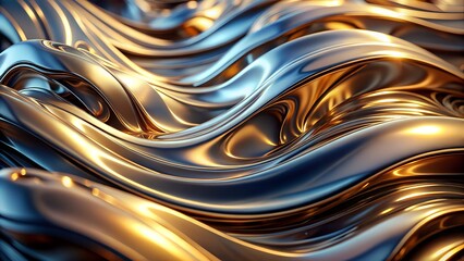 Abstract Gold and Silver Liquid Metal Waves: Luxurious, Elegant, 3D Render