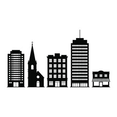 Black silhouette of a city skyline with diverse buildings