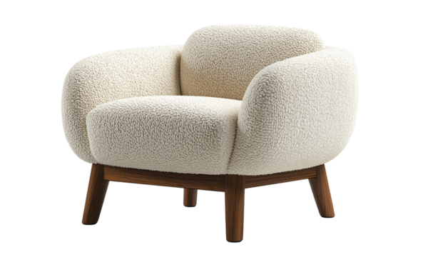 A modern, plush armchair with a rounded design and wooden legs, offering a cozy seating option. isolated on white background and transparent background