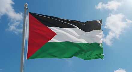Palestinian Flag Waving in the Wind Against a Blue Sky with Clouds