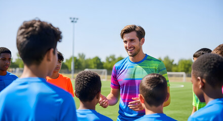Coach giving a motivational talk to his youth soccer team