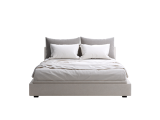 Contemporary grey upholstered bed with white linens pillows, Isolated, Png Transparent Background