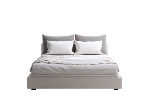 Contemporary grey upholstered bed with white linens pillows, Isolated, Png Transparent Background