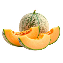 A ripe cantaloupe melon with slices showcasing its vibrant orange flesh and textured rind.