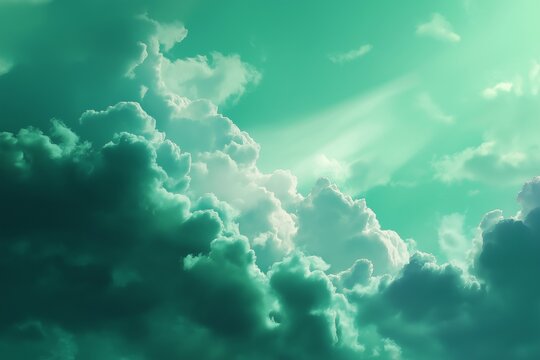 A greenish summer sky. A divine being. A fantasy, dreamlike sky. AI-generated.