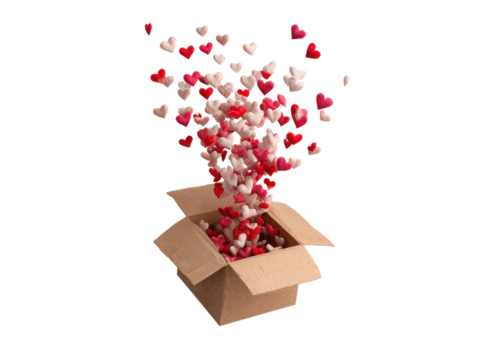 Cardboard box overflowing with red white pink hearts exploding upwards image, Isolated, Png Transparent Background - Powered by Adobe
