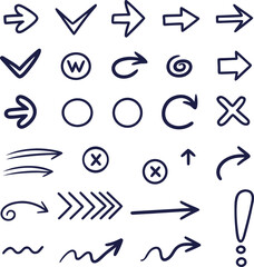 Fototapeta premium Hand drawn dark blue arrows checkmarks circles and exclamation mark on white background check mark cross