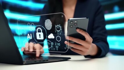 Cybersecurity Professional Using AI-Powered Security on Phone and Laptop for Data Protection - Powered by Adobe