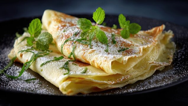 Two golden-brown crepes, layered, topped with fresh mint and powdered sugar, resting on a dark plate