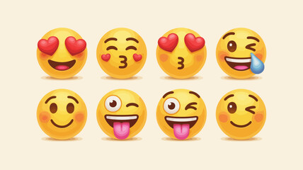 A vibrant collection of 3D digital emojis featuring various expressive faces including heart eyes, kisses, laughter, and winks, ideal for messaging, digital design, and social media engagement.