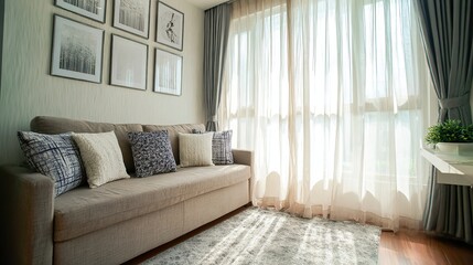 Fototapeta premium Modern Scandinavian living room with beige sofa and abstract wall decor, soft daylight, wide angle showing serene cozy home design