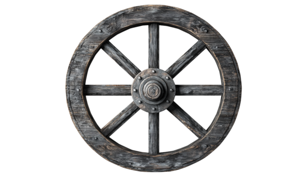 Wooden wheel with spokes and a central hub. isolated on white background and transparent background