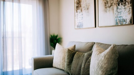 Fototapeta premium Beige sofa and abstract wall decor in modern living room, daylight through sheer curtain, wide angle view of Nordic cozy living space