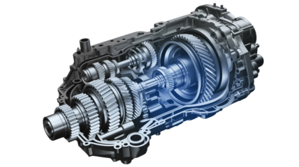 Illustration of a car transmission system, showcasing its internal components and mechanical design isolated on transparent background