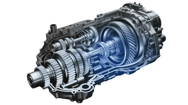 Illustration of a car transmission system, showcasing its internal components and mechanical design isolated on transparent background