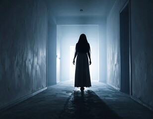 Silhouette of a figure walking down a hallway