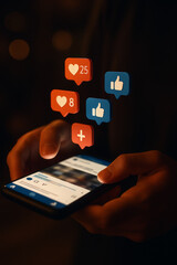 Person using smartphone with social media engagement icons floating above screen, symbolizing digital interaction and online popularity