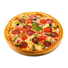 A delicious pizza topped with pepperoni, ham, bell peppers, olives, and cherry tomatoes, garnished with fresh basil.
