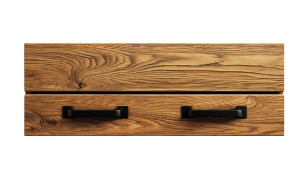 Wooden drawer with a textured surface and black handles. isolated on white background and transparent background