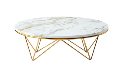 Round marble coffee table with a gold metal base. isolated on white background and transparent background