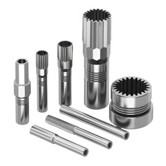 Obraz premium Metal parts for industrial machinery isolated on transparent background, showcasing precision engineering and automotive technology with shiny chrome finish