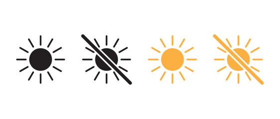 Sun Icons for Brightness Settings. Black and Orange Variants with On/Off Indicators.