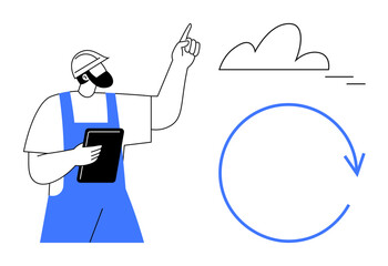 Worker in hard hat and overalls holding tablet points to cloud with circular arrow, denoting cloud computing, data sync, and sustainability. Ideal for technology, sustainability, cloud solutions