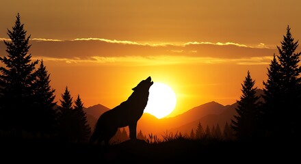silhouette of a howling wolf in mountain pine tree landscape under a blazing sunset. ,hyper realistic digital art ,isolated on bright background